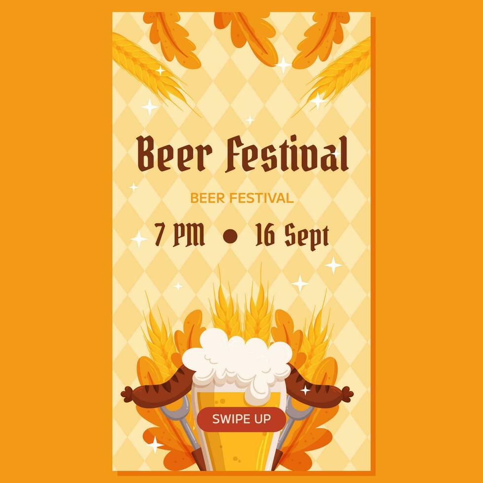 Bier Festival Vertikale Sozial Medien Geschichten Vorlage. Design mit Glas von Bier, Gabeln mit gegrillt Wurst, Weizen und Blätter. Licht Gelb Rhombus Muster vektor