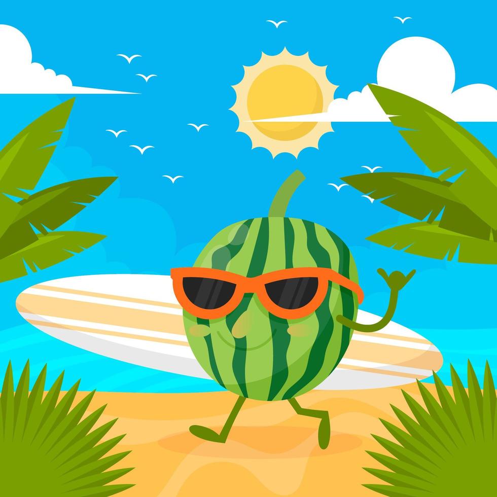 sommar vattenmelon karaktär med surfbräda vektor
