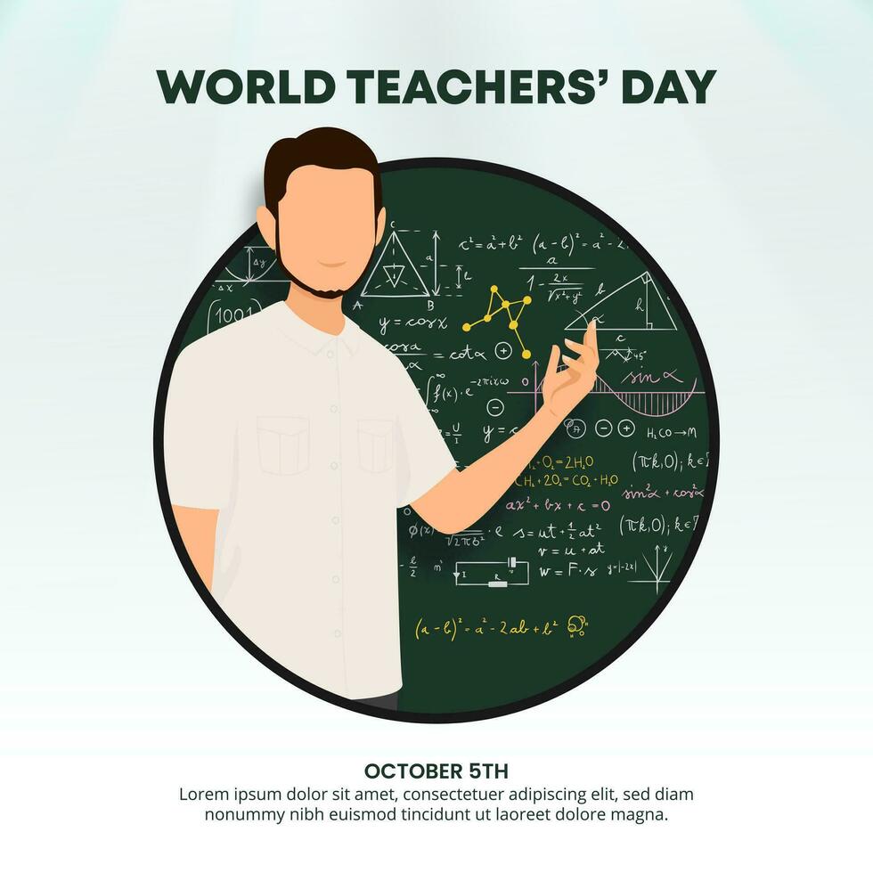 fyrkant värld lärare dag bakgrund med en lärare förklara i de främre med en svarta tavlan vektor