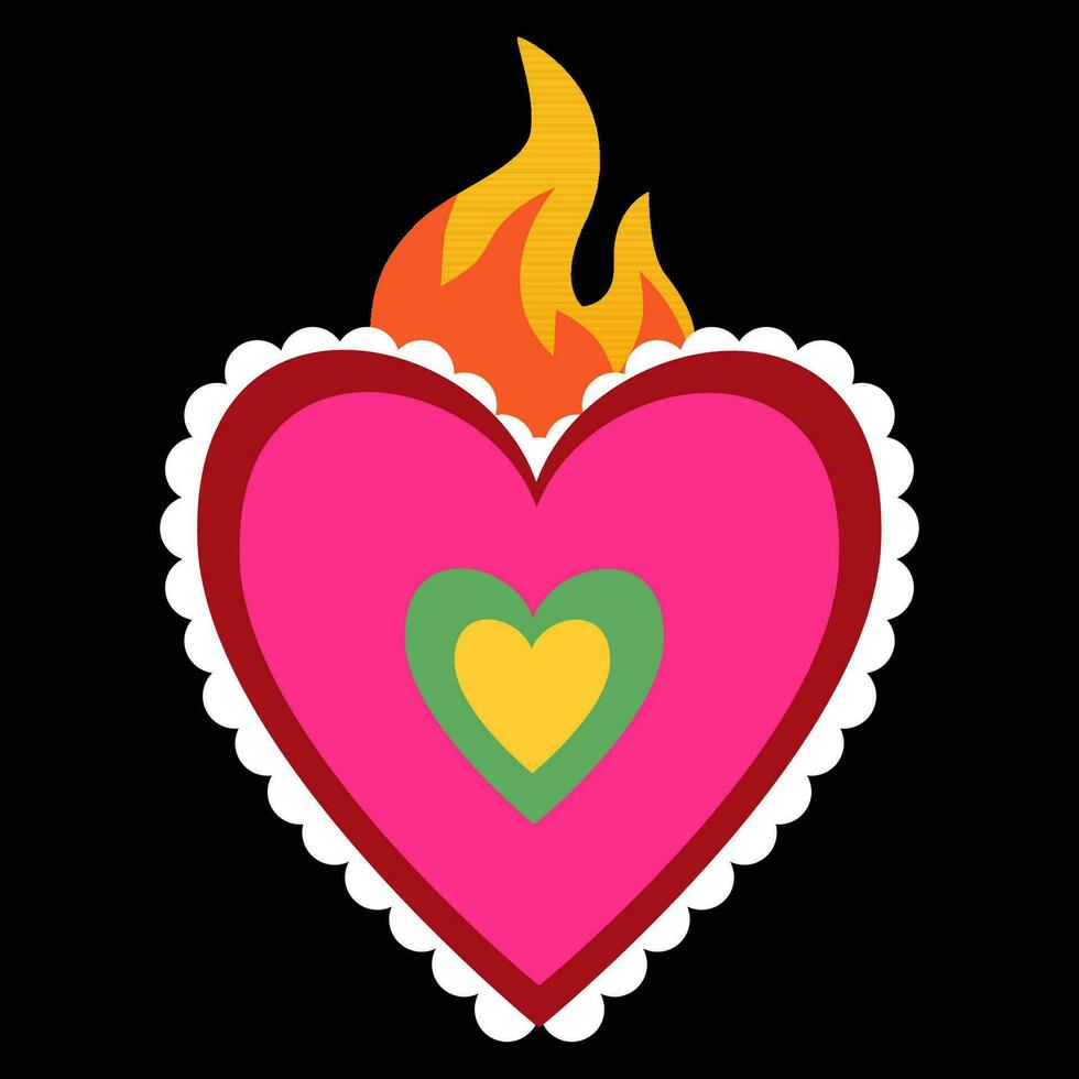 hell Mexikaner Herz Stickerei mit Feuer vektor