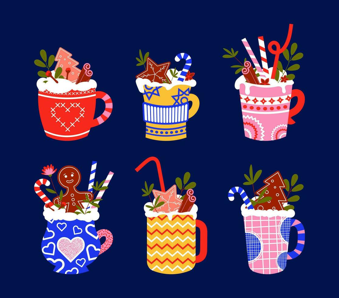uppsättning av ny år drycker. kaffe, kakao, latte, cappuccino med skum i en festlig kopp. ljuv dryck med pepparkaka, kanel och kryddor. vektor illustration i en platt stil.