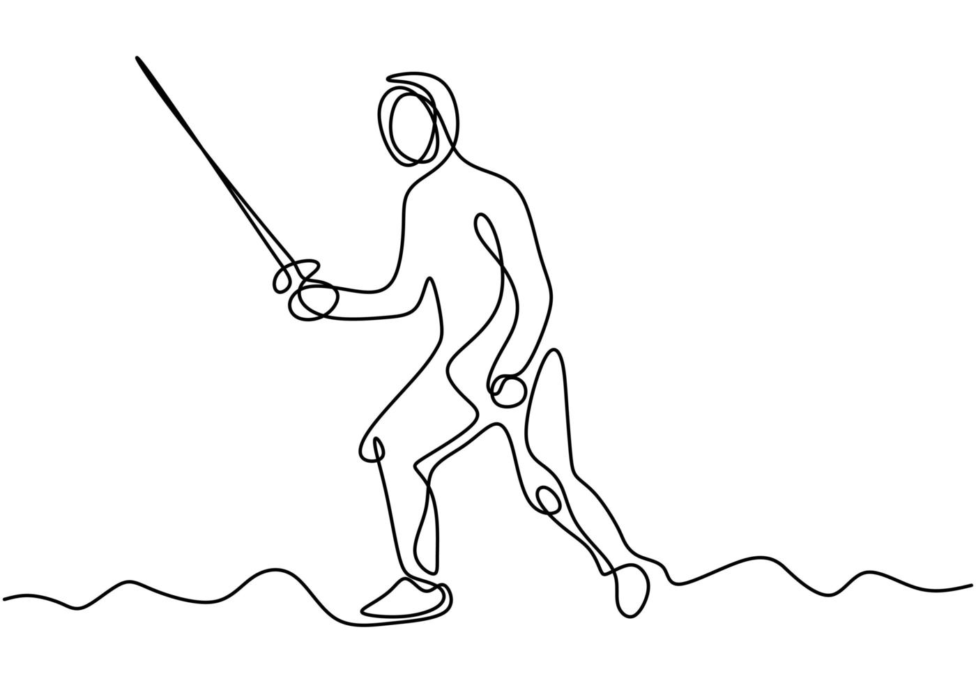 en kontinuerlig linje ritning av två ung man stängsel idrottsman. fäktareidrottsman nen i stängseldräkt som utövar rörelse på sportarena. staket kostym och hålla svärd koncept. vektor illustration