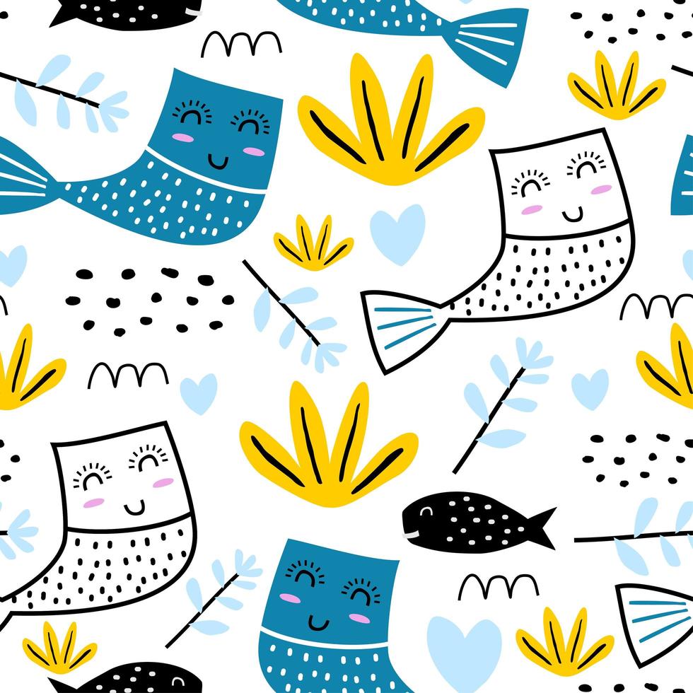 nahtloses Muster mit einer bunten Cartoon-Katzenmeerjungfrau. lustige katzenmeerjungfrau, die im meer schwimmt. Muster für Textilien, Stoffe, Kleidung, Rucksack, Geschenkpapier, Web, Kinder vektor