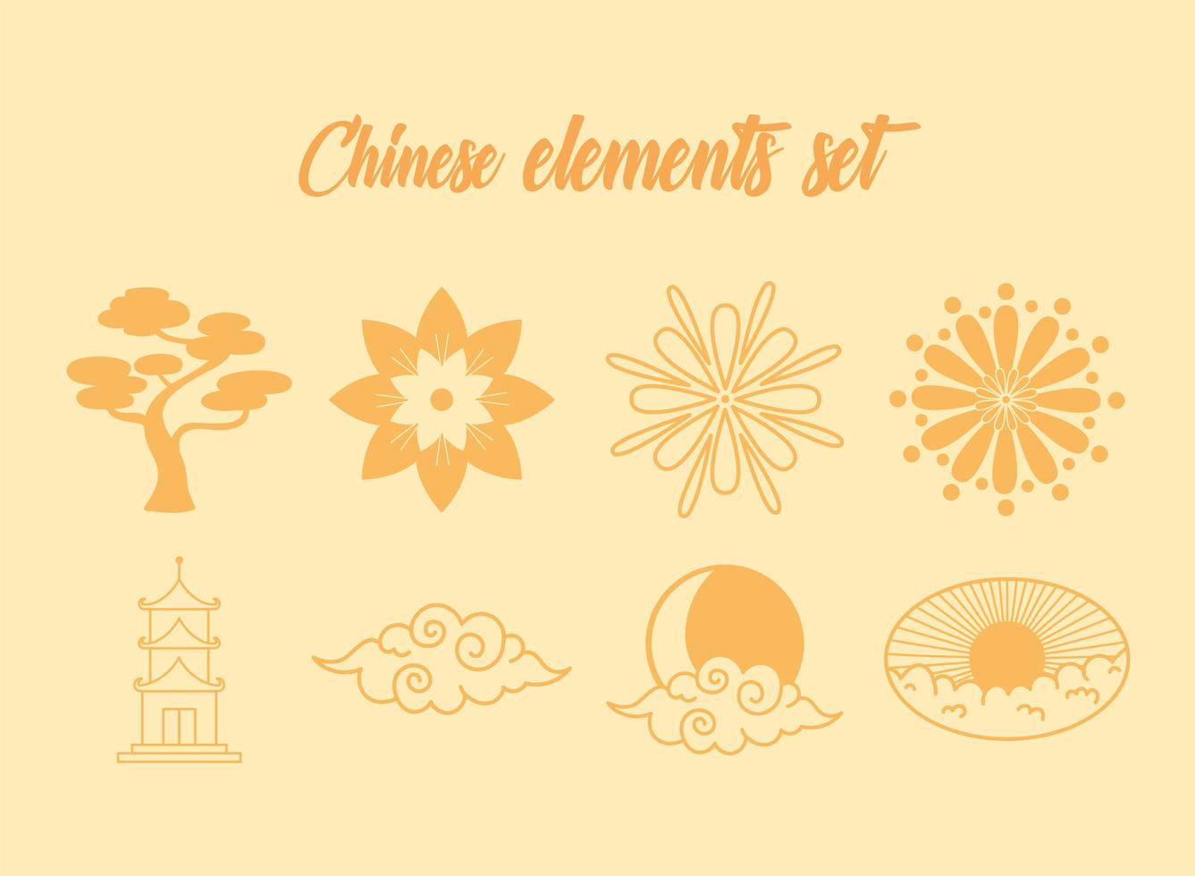 orientaliska element dekoration bonsai blommor pagoda moln ikoner set line design vektor