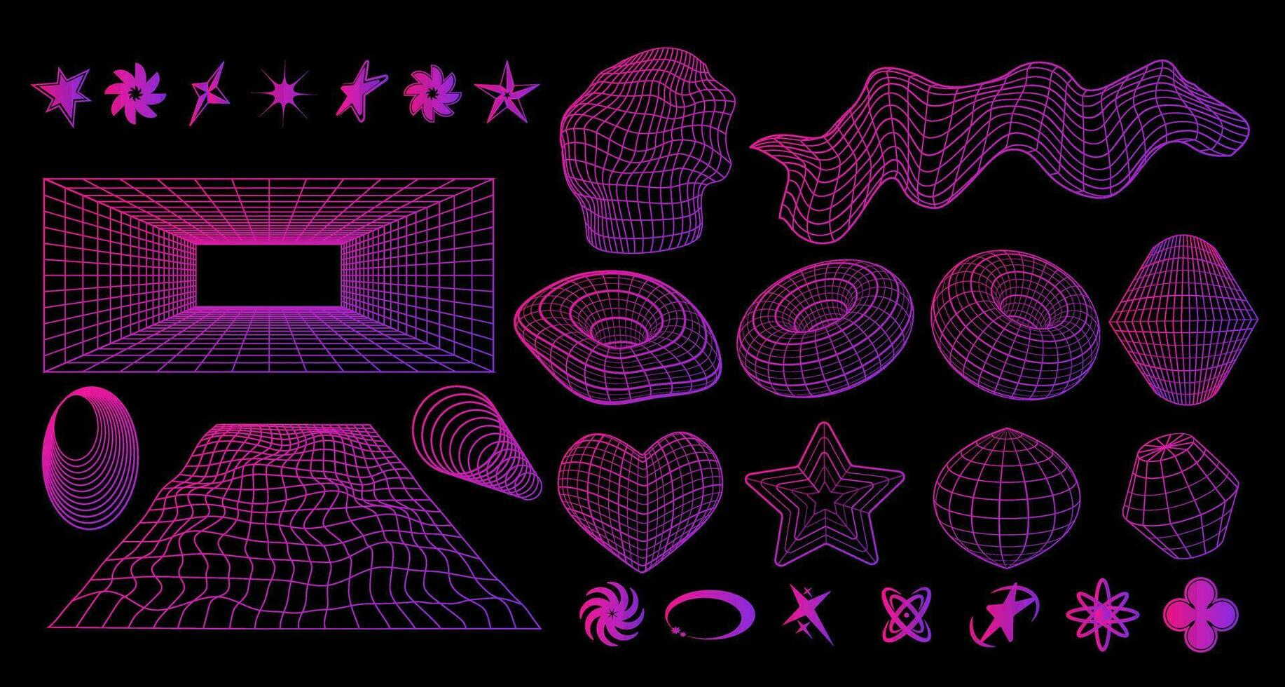 Geometrie Drahtmodell 3d Formen und Gitter. Cyberpunk y2k einstellen im Neon- Rosa Farbe. Vektor Illustration