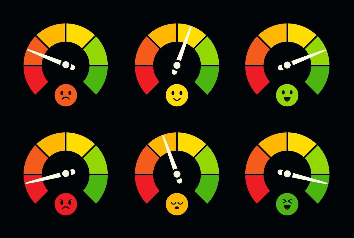 Tachometer, Barometer, Kraftstoff- und Benzinanzeige-Logo-Set. Messuhr mit Emoji, Dashboard-Sensor-Logo-Sammlung. bunte runde meter, geschäftsleistungsskala. vektor