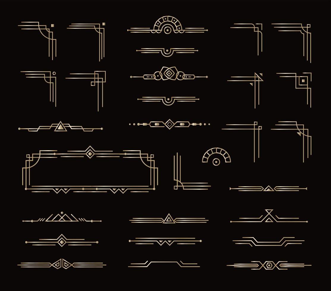 Satz eleganter Rahmen, Trennwände und andere geometrische dekorative Elemente. goldene Vintage-Grenzen für die Dekoration. goldenes Design im königlichen Stil auf schwarzem Hintergrund. Vektor-Illustration. vektor