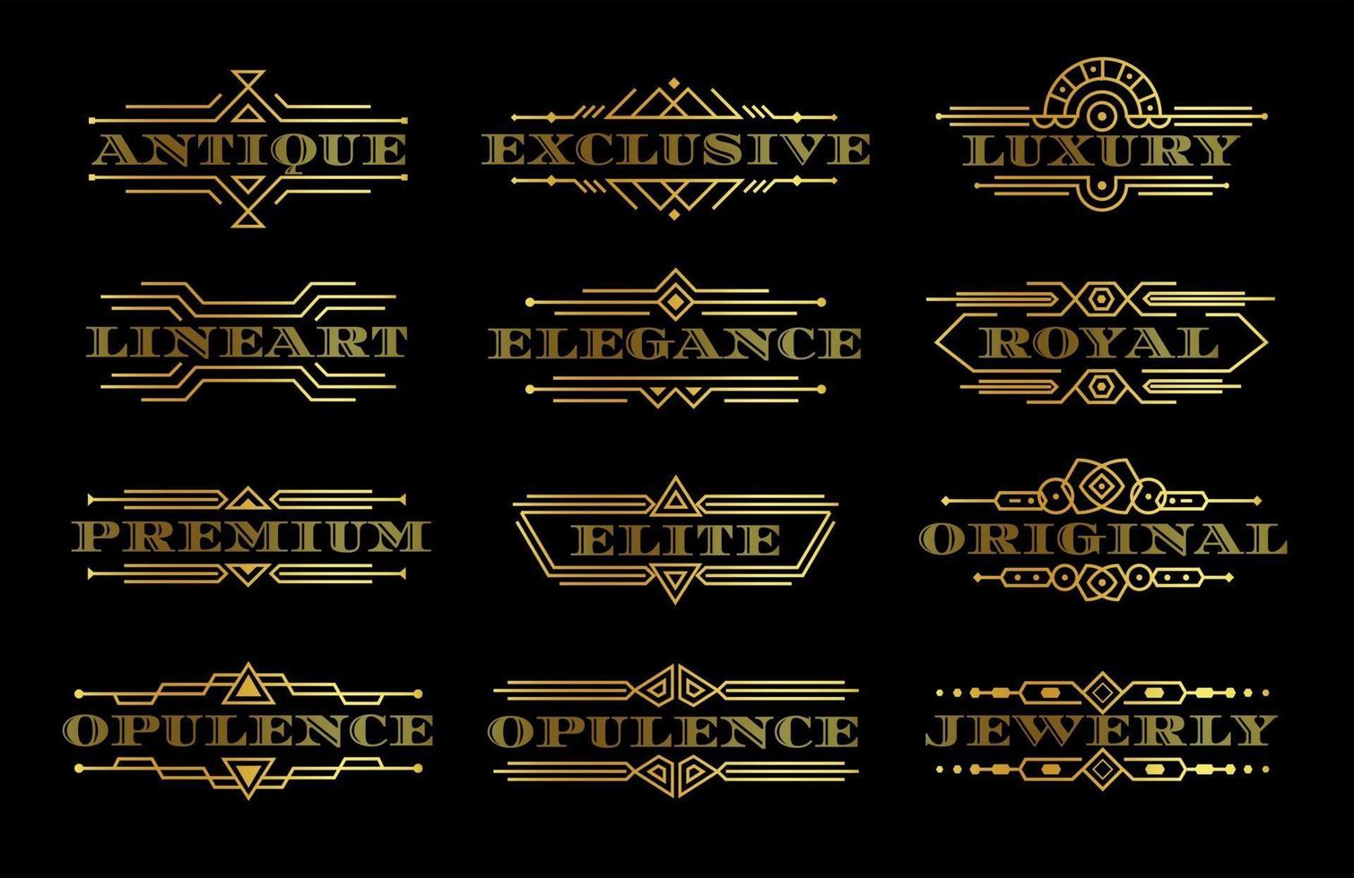 Goldenes Premium-Etikettenset, goldene Textlogoschablone mit Umrisskontur, elegantes Logo mit linearem Rahmen, luxuriöses dekoratives Element, Vintage-Emblemsammlung, isolierte Vektorillustration vektor