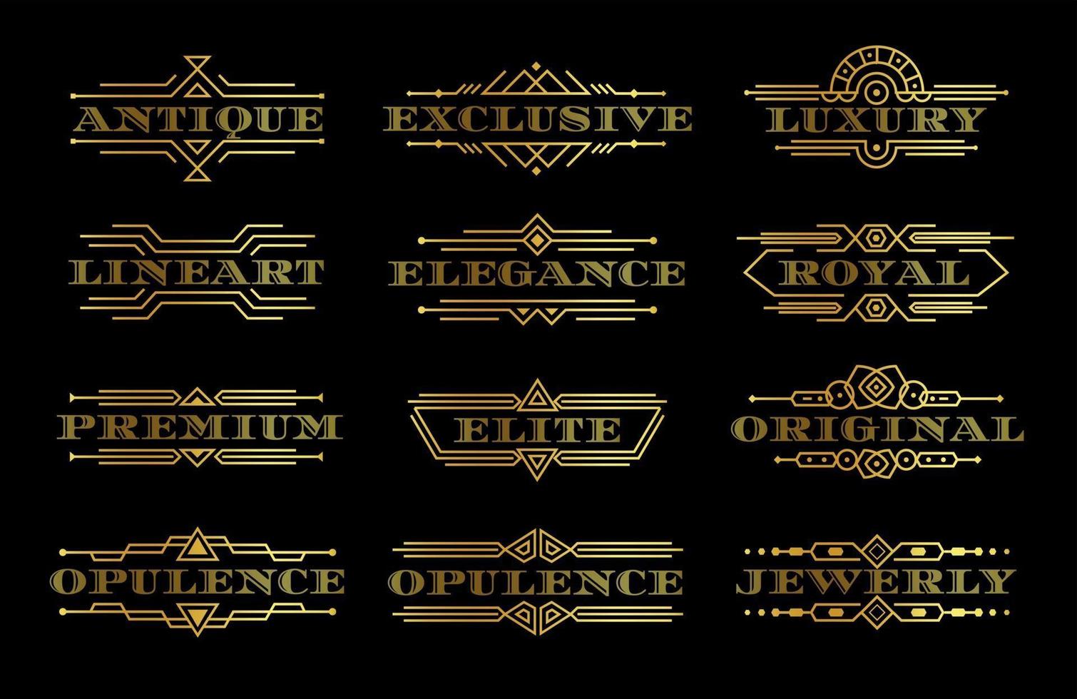 gyllene premium kvalitet etikettuppsättning, guld text logotyp mall med kontur kontur, elegant logotyp med linjär ram, lyx dekorativa element, vintage emblem samling, isolerad vektor illustration