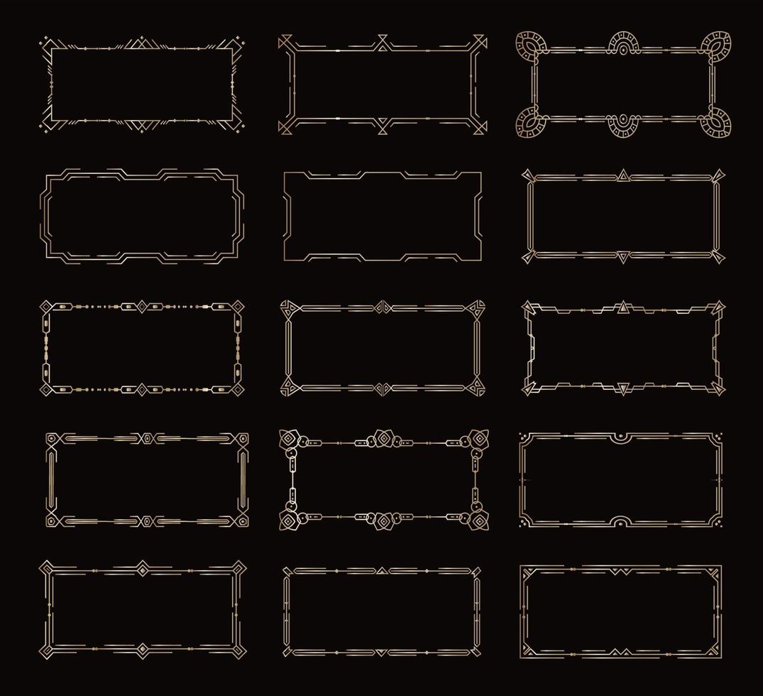goldene horizontale Rahmen, Vintage-Dekorationsrahmen-Vorlage auf schwarzem Hintergrund, geometrische Linienkontur, Elementdekor des modernen und Retro-Designs, Vektorsammlung vektor