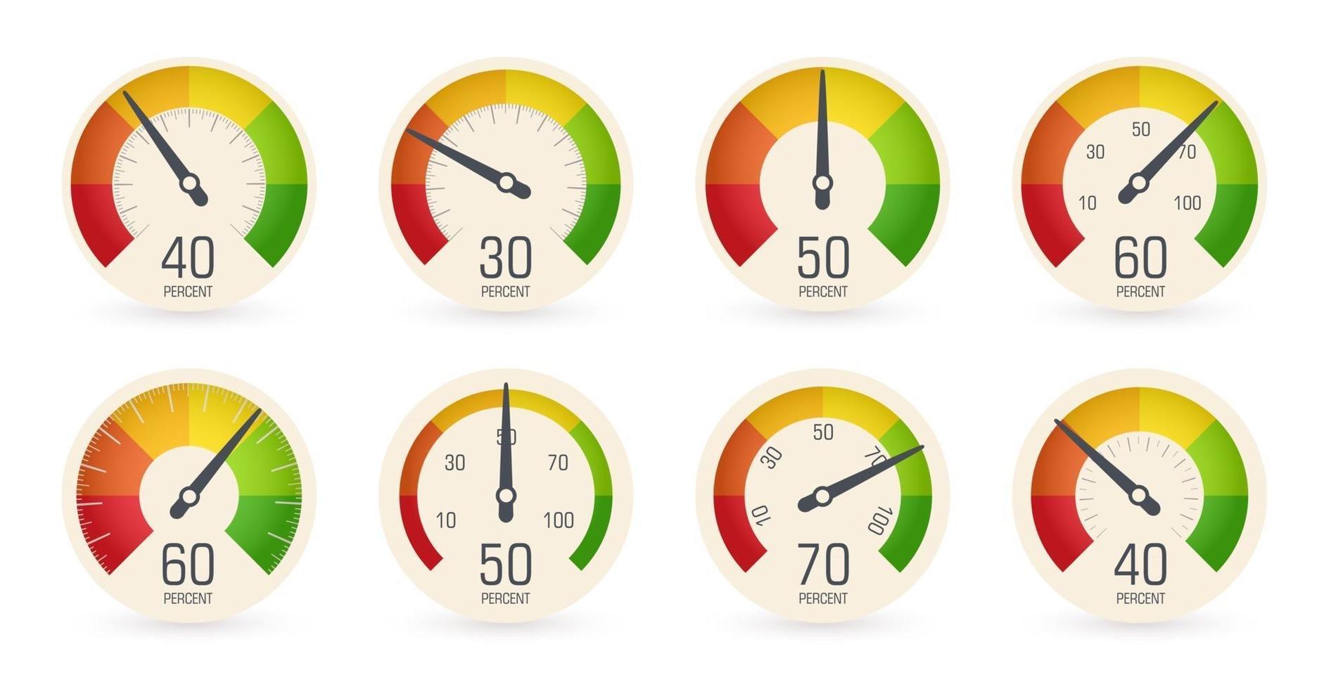 Zifferblatt Tachometer, Barometer-Logo-Set. Rundskala, Geschwindigkeit, Gewicht, Leistung, Prozentanzeige. Kraftstoff, Benzinanzeige, Armaturenbrettsymbol. isolierte Geschäftsleistungsvektor iillustration. vektor