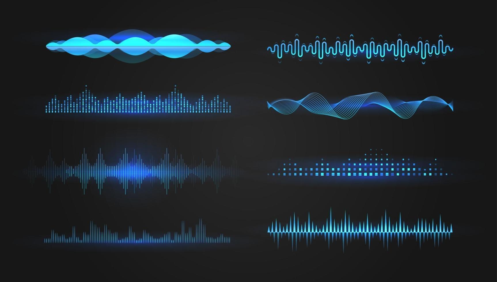 blå equalizer vågor på svart bakgrund. realistisk uppsättning ljud och radiovåg. digital röst grafisk design, vektorillustration. vektor