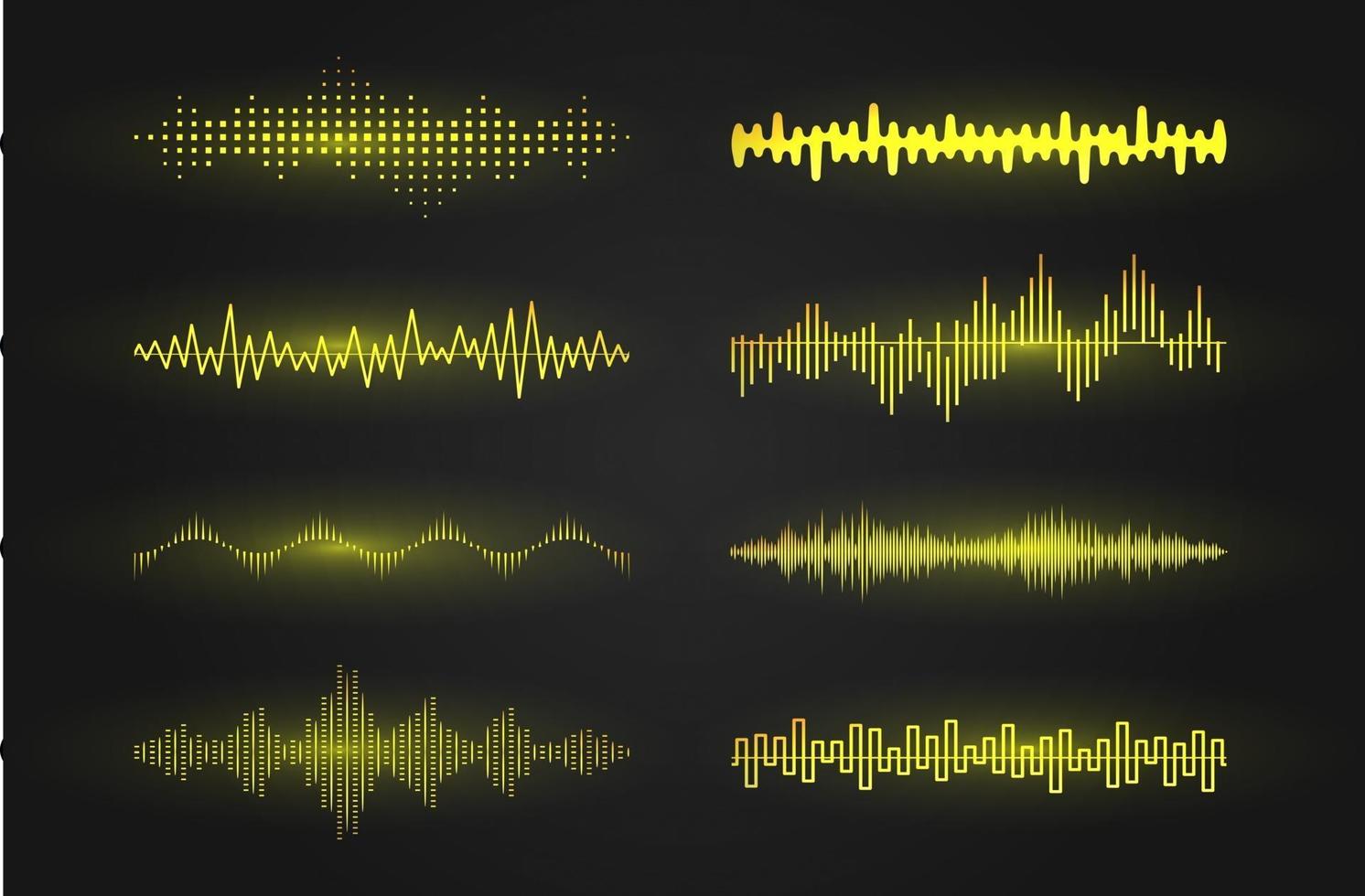 ljudvågor ikonuppsättning. lysande linjer som visar en ljud- eller radiovåg, musikutjämnare eller digitalt kardiogram, gui-designelementmall. isolerad vektorillustration. vektor