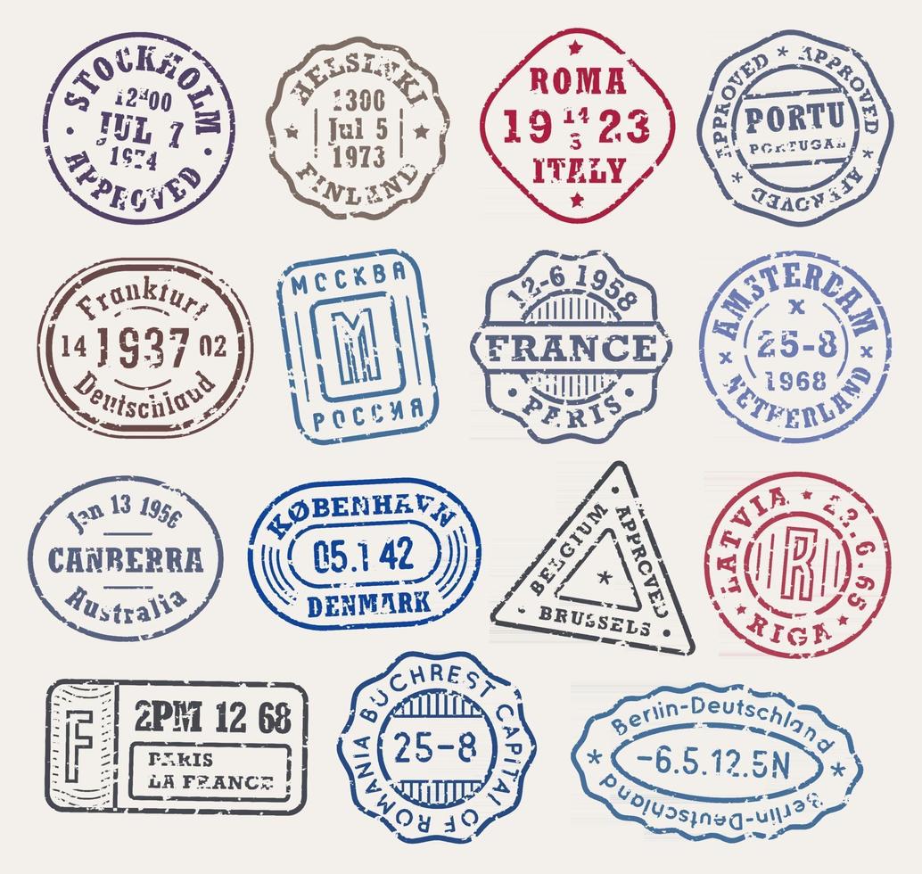Retro-Briefmarken mit Krätze, Städtestempel auf einem Umschlag für Vintage-Passhülle, Traveller-T-Shirt-Druck oder Gepäck im Grunge-Stil. Vektor-Illustration vektor