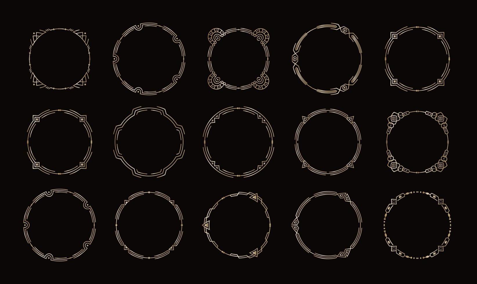 uppsättning av gyllene cirklar ramar, elegant grafisk smycken dekoration, vektorillustration på svart bakgrund vektor