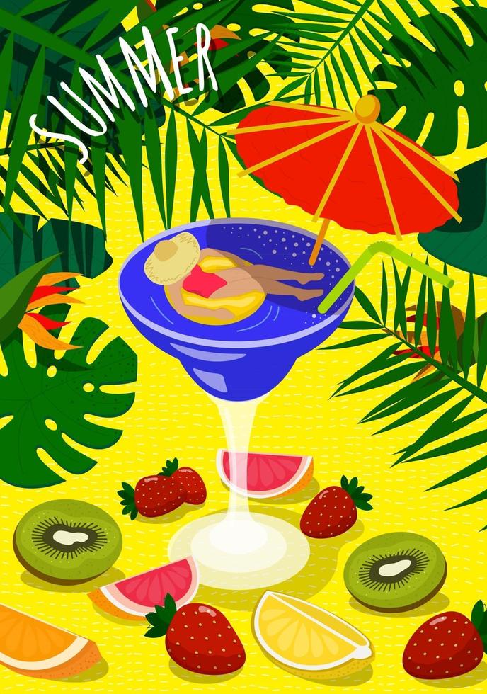 Sommer helles buntes sonniges Plakat. schöne Frau sonnt sich auf aufblasbarem Kreis in Cocktailglas und Regenschirm. auf Sand Hintergrund tropisches Laub und frische Früchte. Sommerzeit-Vektorillustration vektor