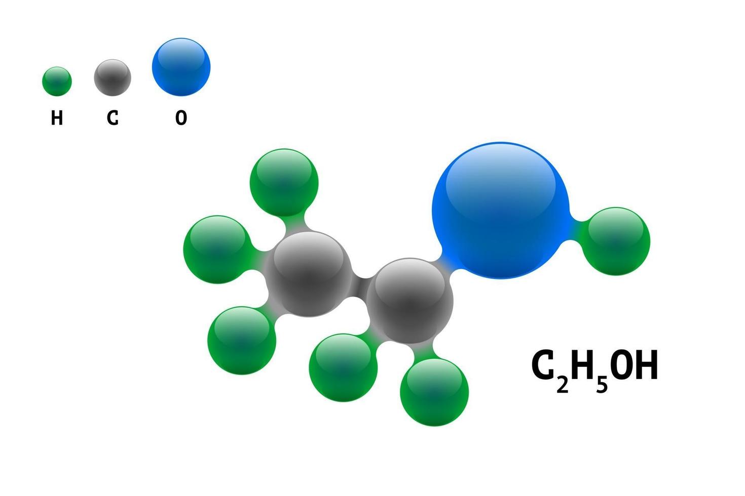 kemimodellmolekyl etanol c2h5oh vetenskapliga elementformel. integrerade partiklar naturlig oorganisk 3d-alkoholmolekylär strukturförening. kol syre och väteatom vektor eps sfärer