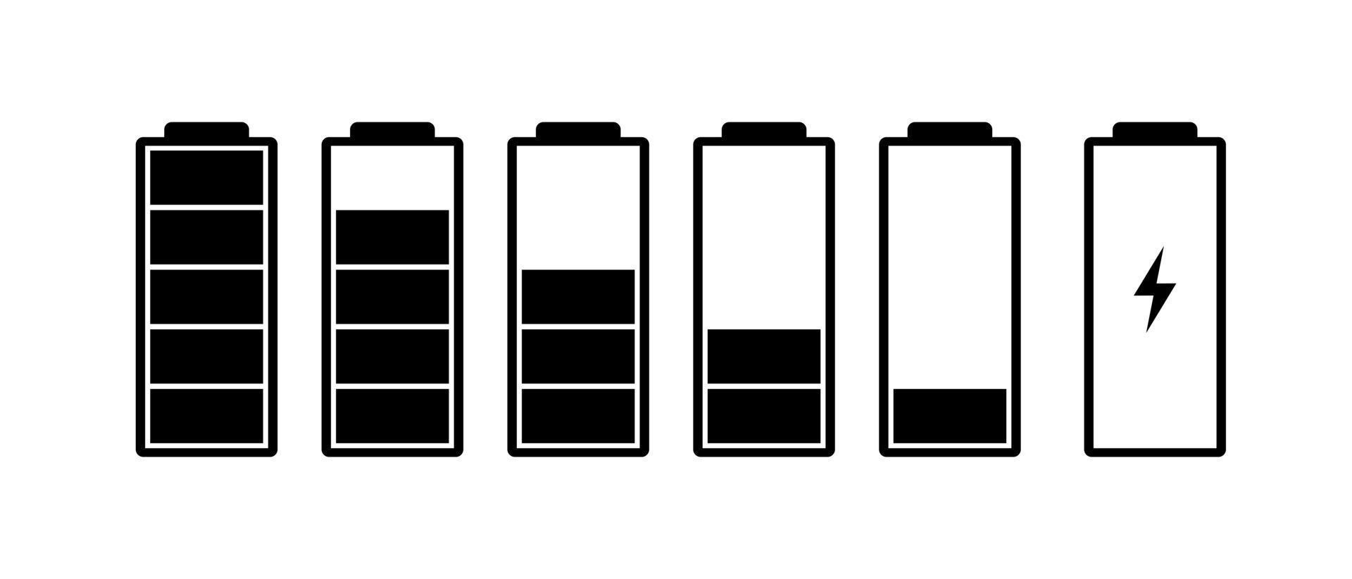 Batterieladeanzeigesymbole eingestellt. Ladezustand volle Leistung hoch bis niedrig und elektrischer Stecker. Gadgets alkalische Energiestatusvektorillustration eps 10 vektor