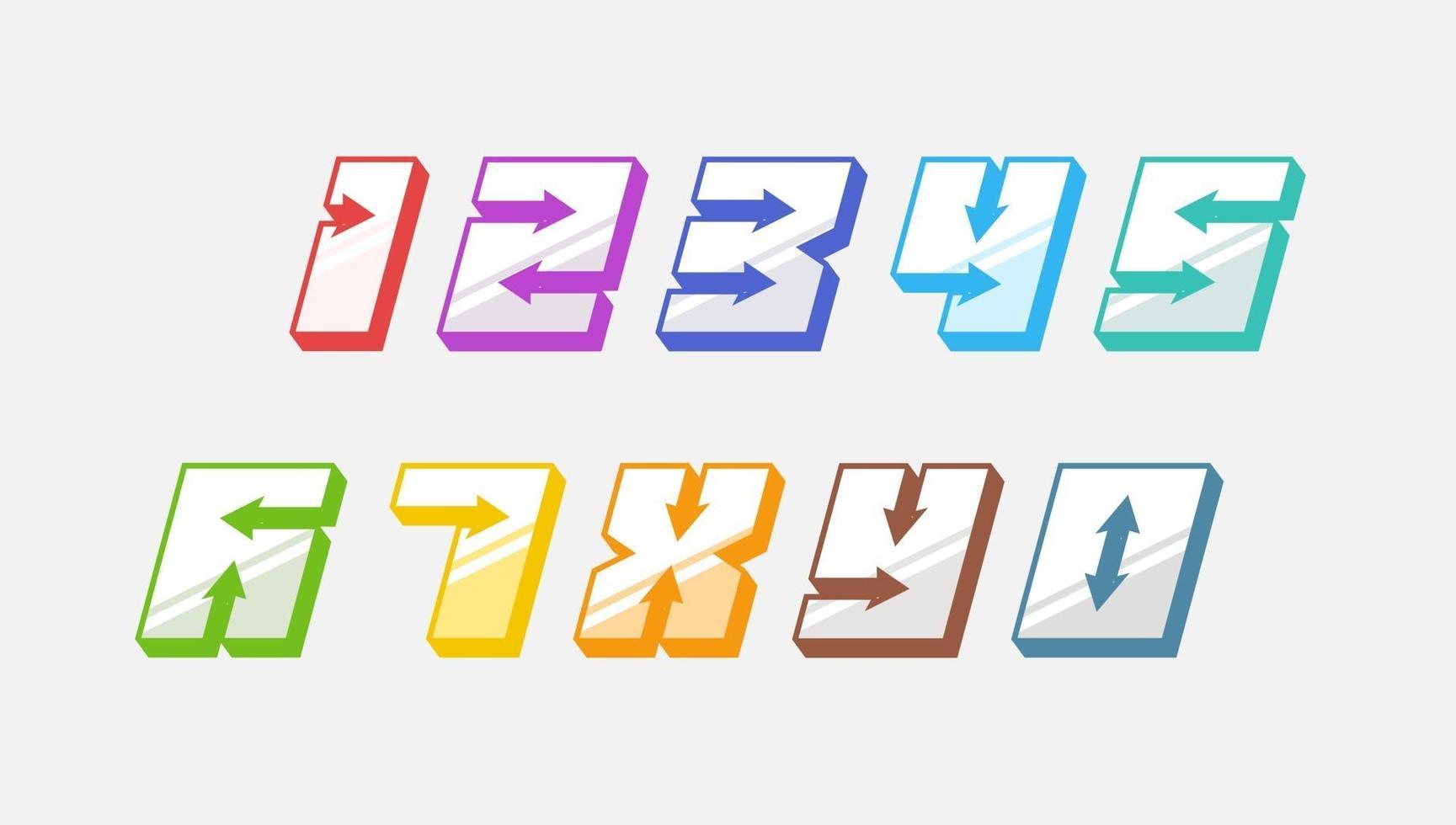 siffror färgglada set i 3d kursiv vintage stil med pilar i snabb srtyle trendig typografi bestående av 1 2 3 4 5 6 7 8 9 0 för affisch design eller gratulationskort. vektor modern teckensnitt eps 10