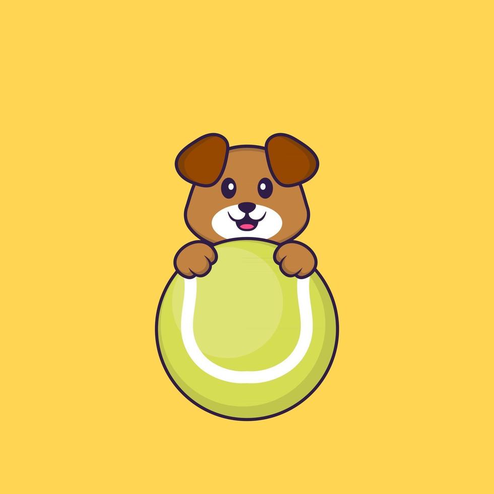 söt hund som spelar tennis. djur tecknad koncept isolerad. kan användas för t-shirt, gratulationskort, inbjudningskort eller maskot. platt tecknad stil vektor