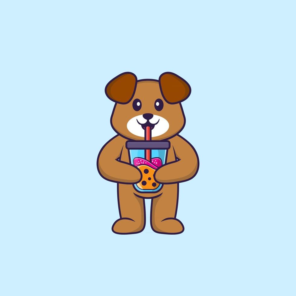 süßer Hund, der Boba-Milchtee trinkt. Tierkarikaturkonzept isoliert. kann für T-Shirt, Grußkarte, Einladungskarte oder Maskottchen verwendet werden. flacher Cartoon-Stil vektor