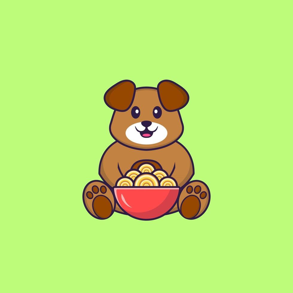 süßer Hund, der Ramen-Nudeln isst. Tierkarikaturkonzept isoliert. kann für T-Shirt, Grußkarte, Einladungskarte oder Maskottchen verwendet werden. flacher Cartoon-Stil vektor
