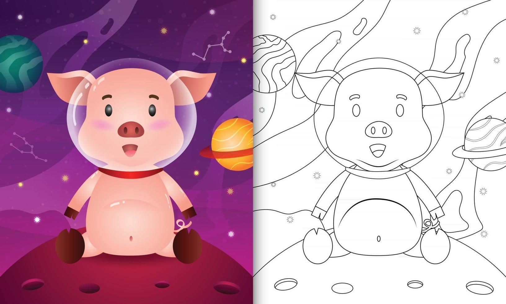 Malbuch für Kinder mit einem süßen Schwein in der Weltraumgalaxie vektor