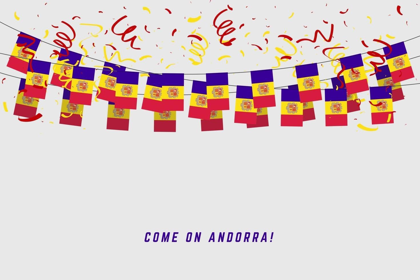 Andorra Girlande Flagge mit Konfetti auf weißem Hintergrund, hängen Sie Bunting für Andorra Feier Vorlage Banner. vektor