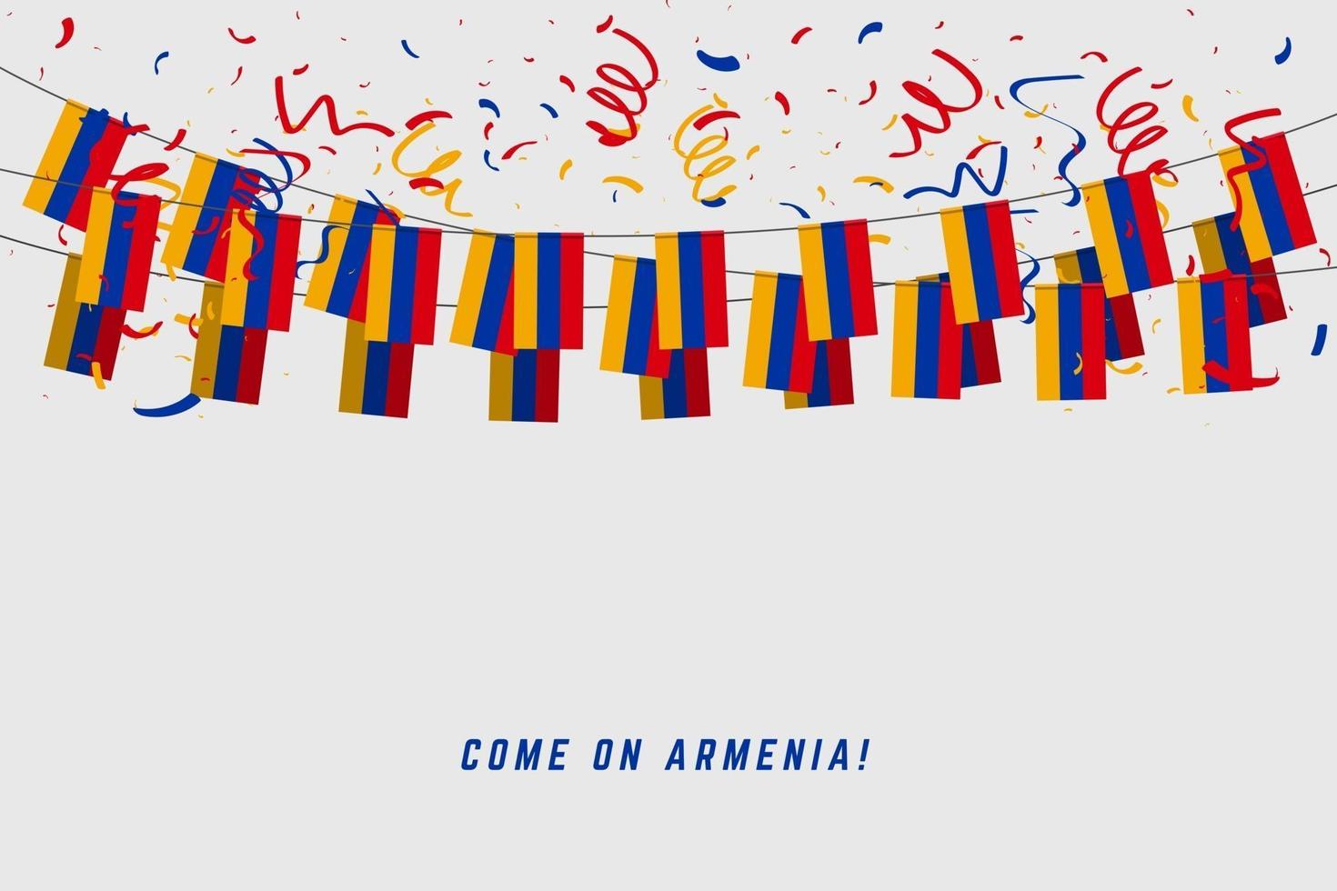 Armenien Girlande Flagge mit Konfetti auf weißem Hintergrund, hängen Sie Bunting für Armenien Feier Vorlage Banner. vektor