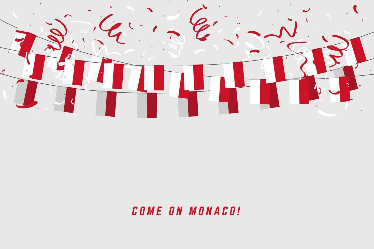 Monaco-Girlandenflagge mit Konfetti auf weißem Hintergrund, hängen Sie Bunting für Monaco-Feier-Vorlagenbanner. vektor