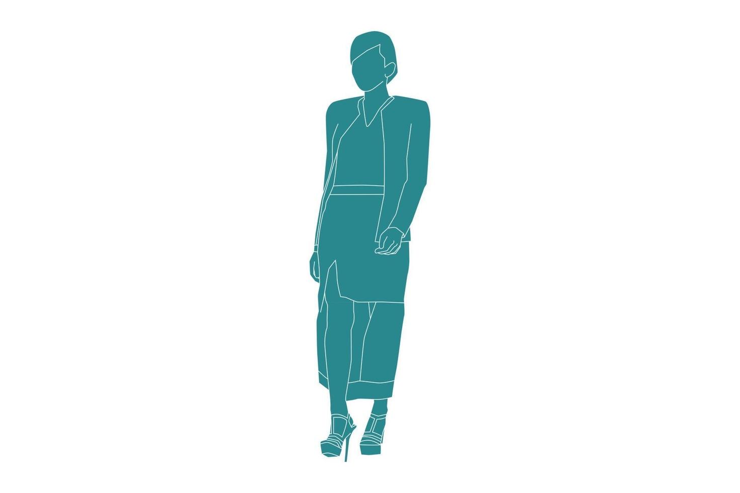 vektorillustration av fashionabla kvinna som går på sidokanten, platt stil med konturer vektor