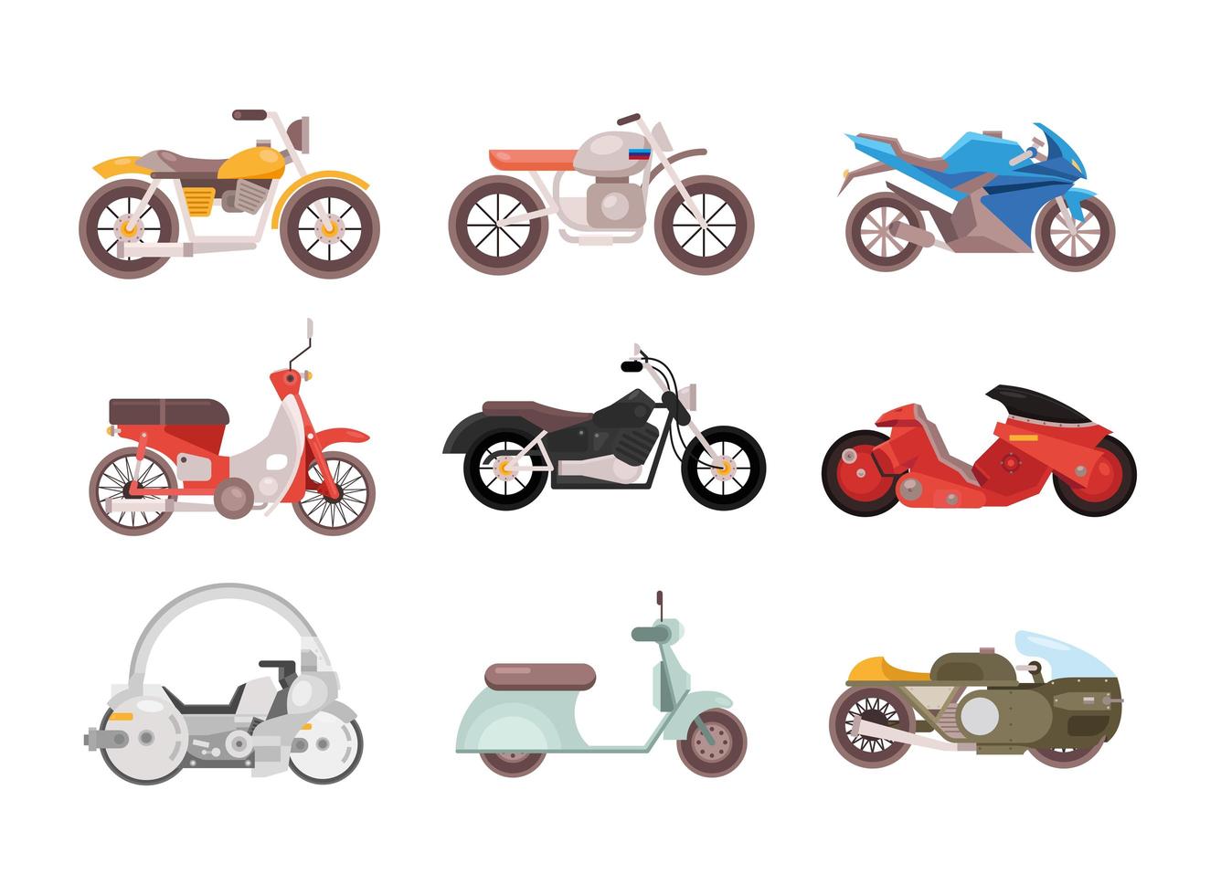 bunt med nio motorcyklar fordon olika stilar vektor