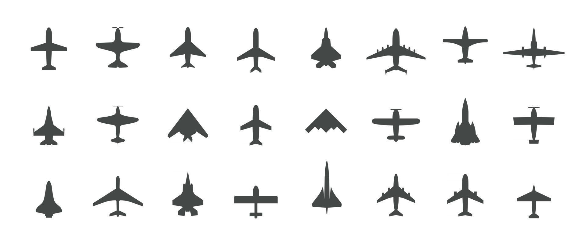 uppsättning jetplan, ovanifrån ikoner. svarta siluettflygplan, jetflygplan, trafikflygplan och retroplan. isolerad vektorillustration. vektor