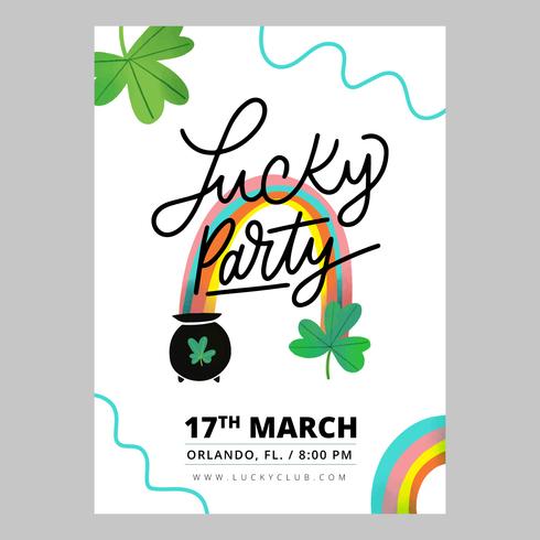 Flyer St. Patrick&#39;s Day mit Regenbogen, Klee, Irish Pot und Schriftzug vektor