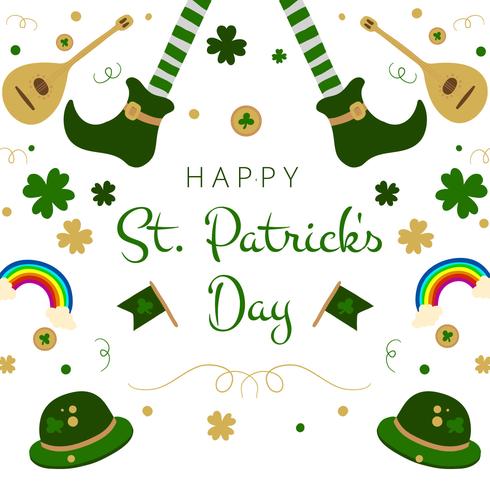 Nette irische Schuhe, Regenbogen, Klee, Gitarre und Hut über St Patrick Tag vektor