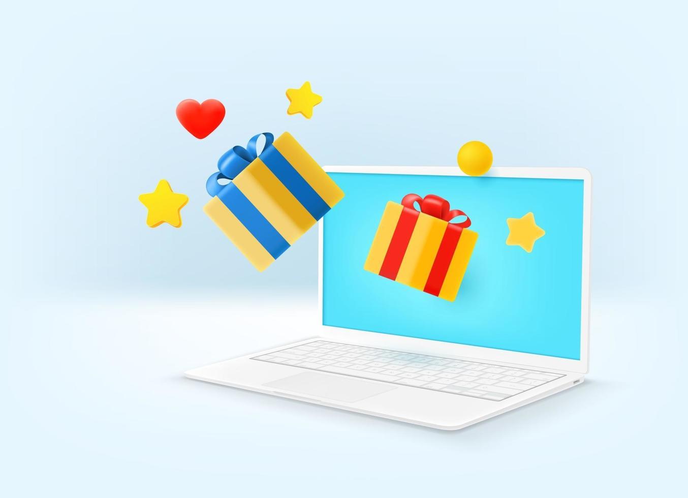 Geschenkboxen und moderner Laptop. überraschen vektor