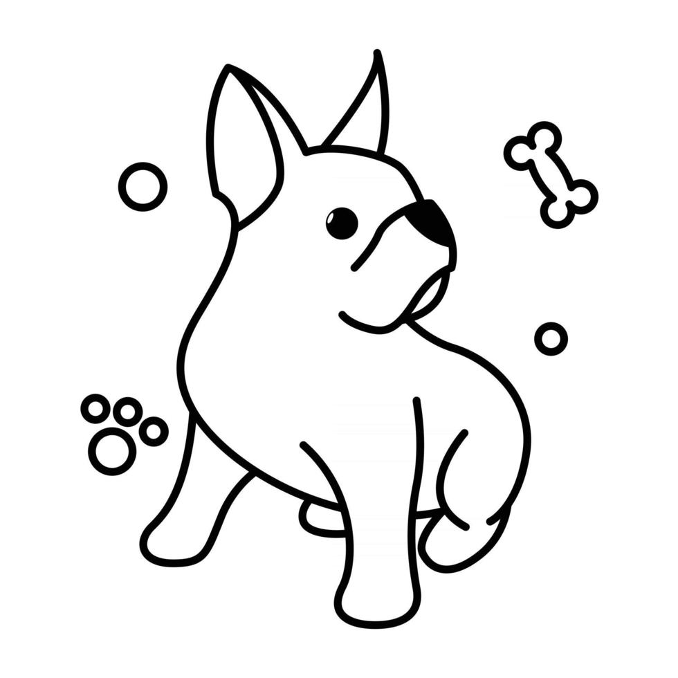 schwarze Linie Vektor-Illustration Cartoon auf weißem Hintergrund einer süßen französischen Bulldogge. vektor