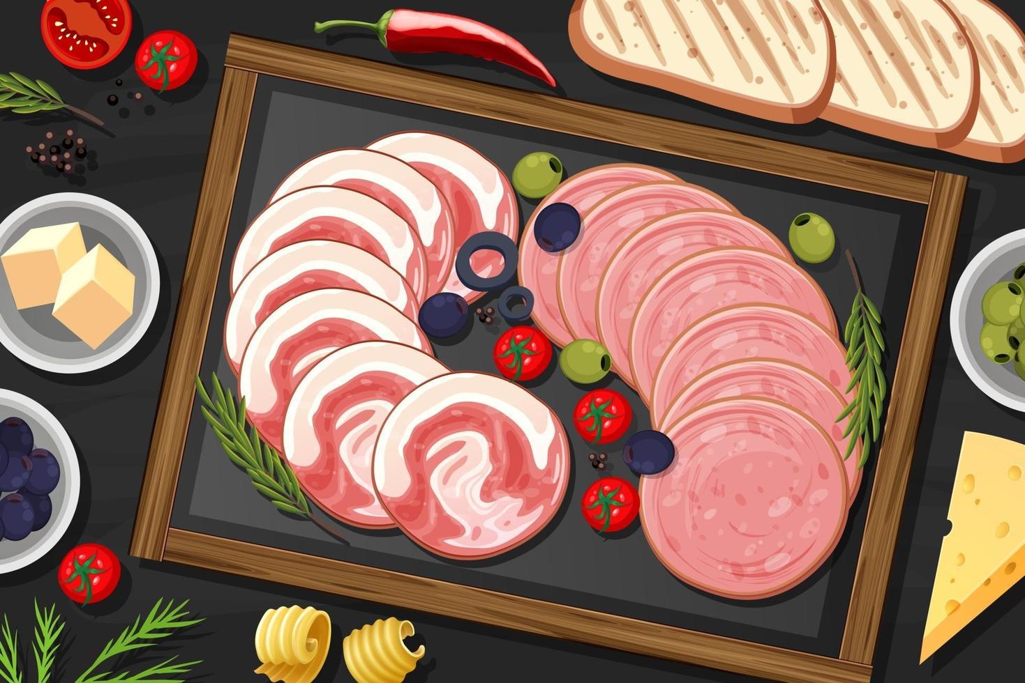 Platte mit Aufschnitt und geräuchertem Fleisch auf dem Tischhintergrund vektor