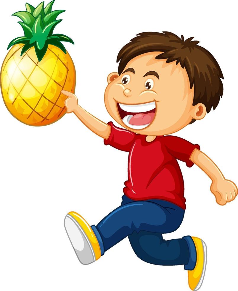glad pojke seriefiguren håller en ananas vektor