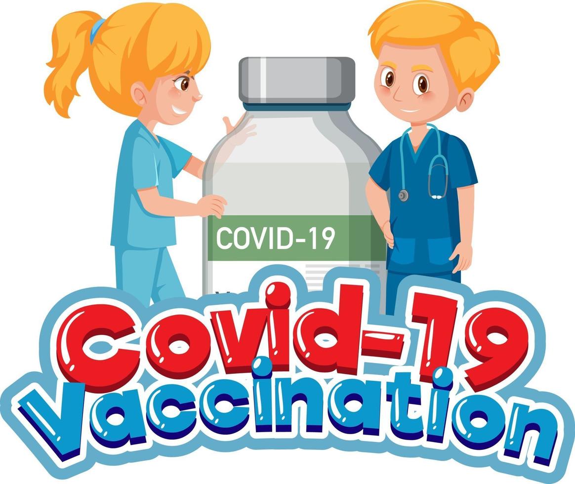 Covid-19-Impfschrift mit Arzt und Covid-19-Impfstoffflasche vektor