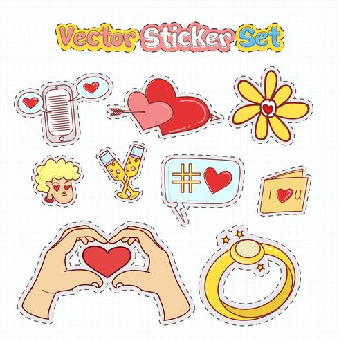 Alla hjärtans dag klistermärken Patches i Doodle Style. Vektor illustration