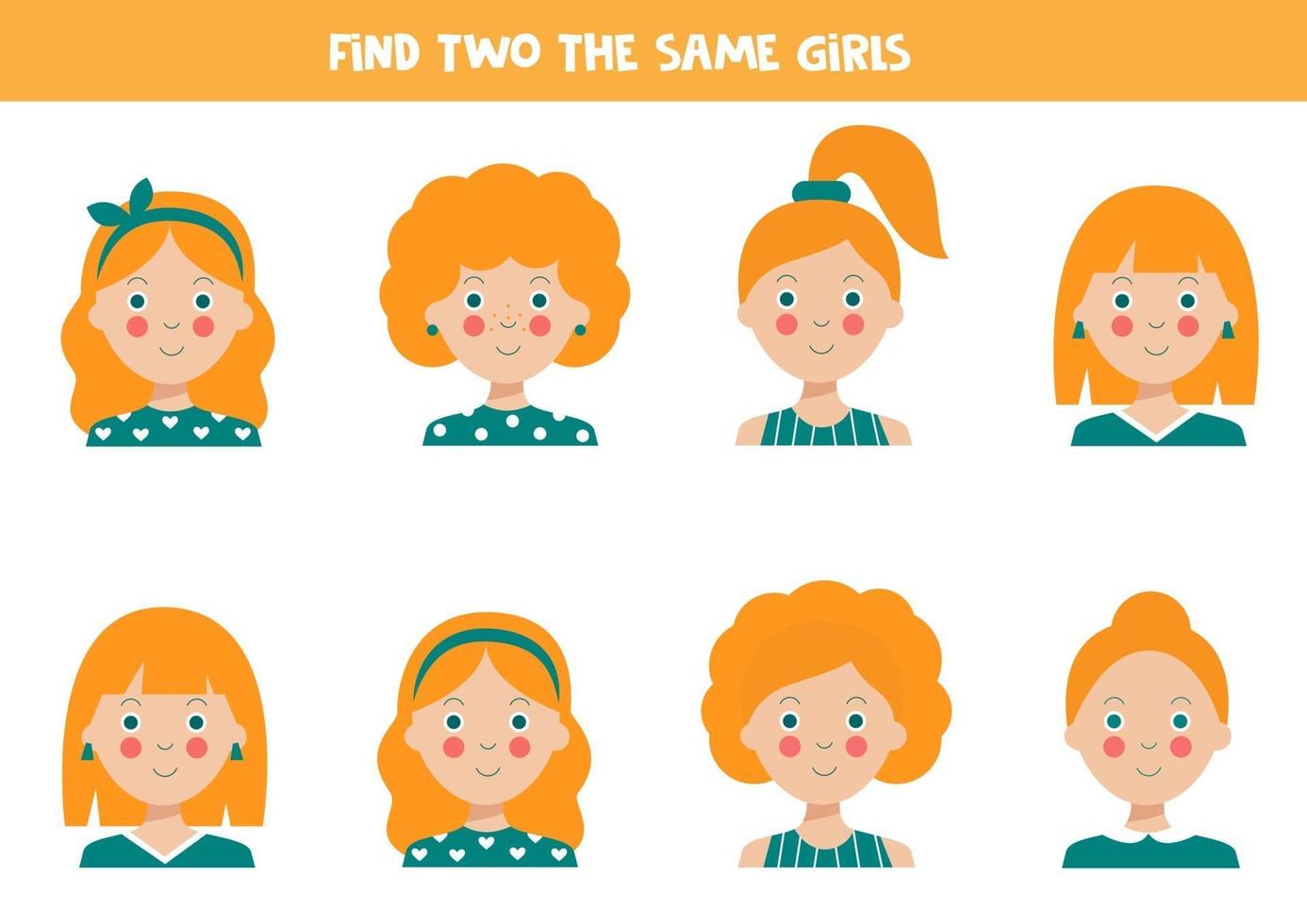 hitta två identiska flickor pedagogiska arbetsblad för barn. vektor