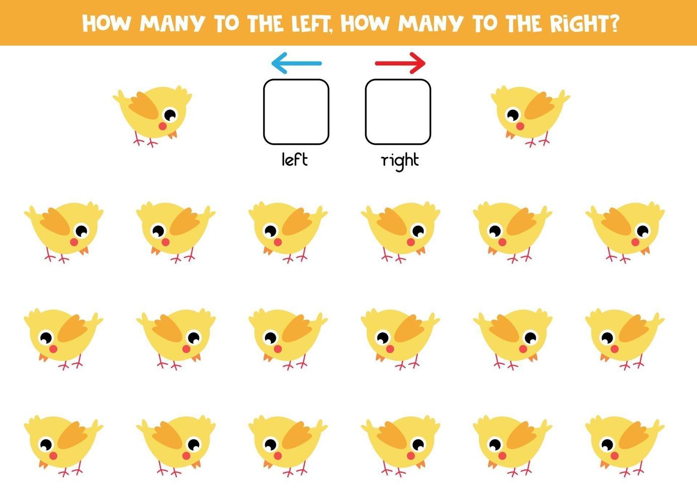 links oder rechts mit süßem gelbem Babyhuhn. Lernspiel. vektor