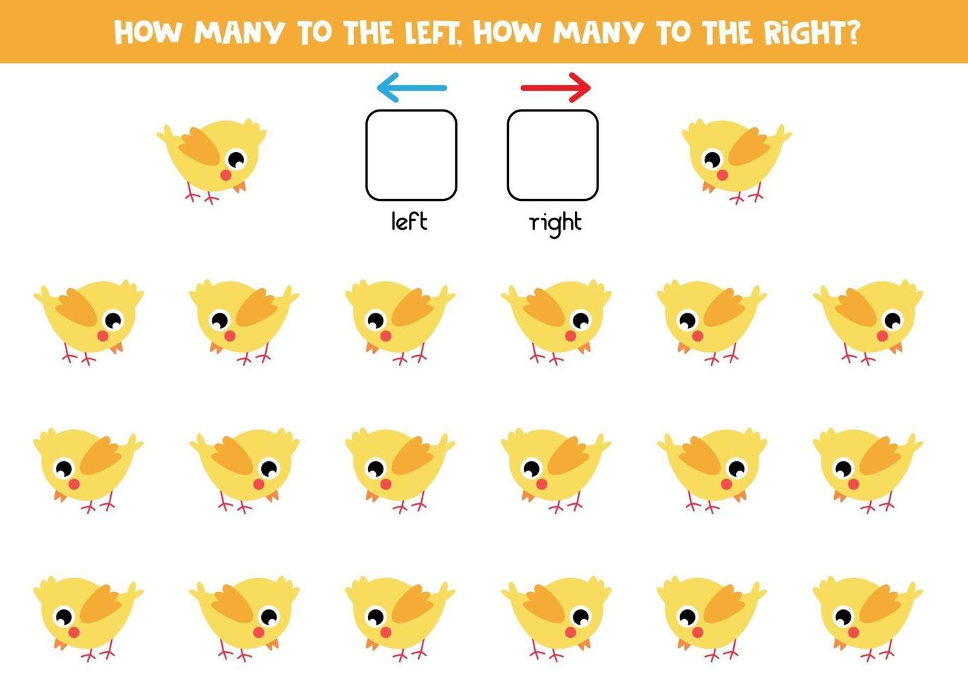 vänster eller höger med gul gul kyckling. pedagogiskt spel. vektor