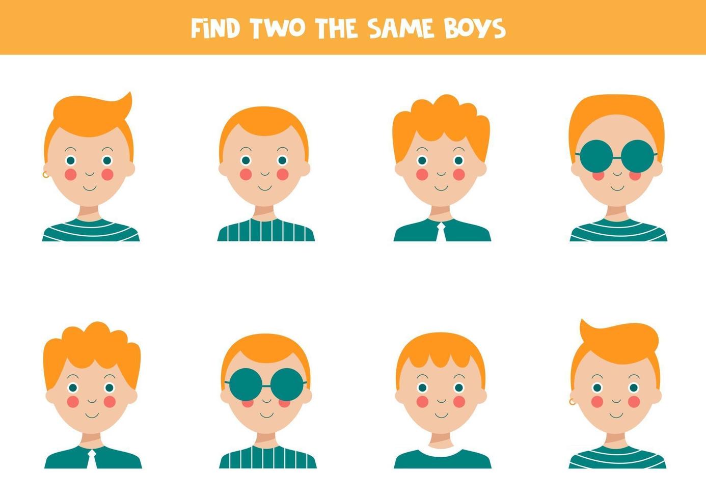 hitta två identiska pojkar. pedagogiskt arbetsblad för barn. vektor