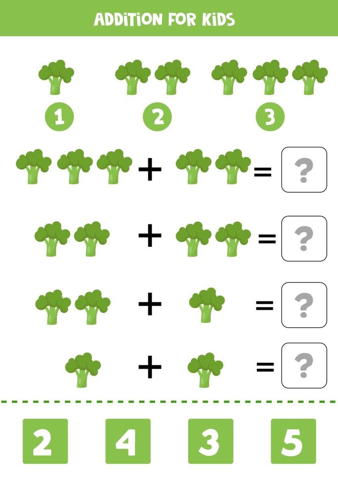 Zusatz für Kinder mit grünem Cartoon-Brokkoli. pädagogisches Mathe-Spiel. vektor