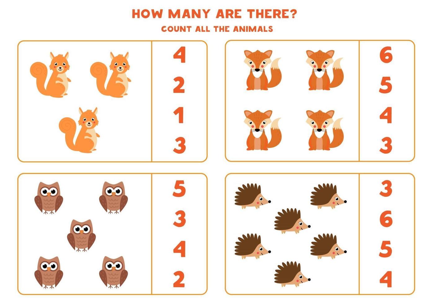 Zählen Sie die Anzahl der Waldtiere. Mathe-Spiel für Kinder. vektor