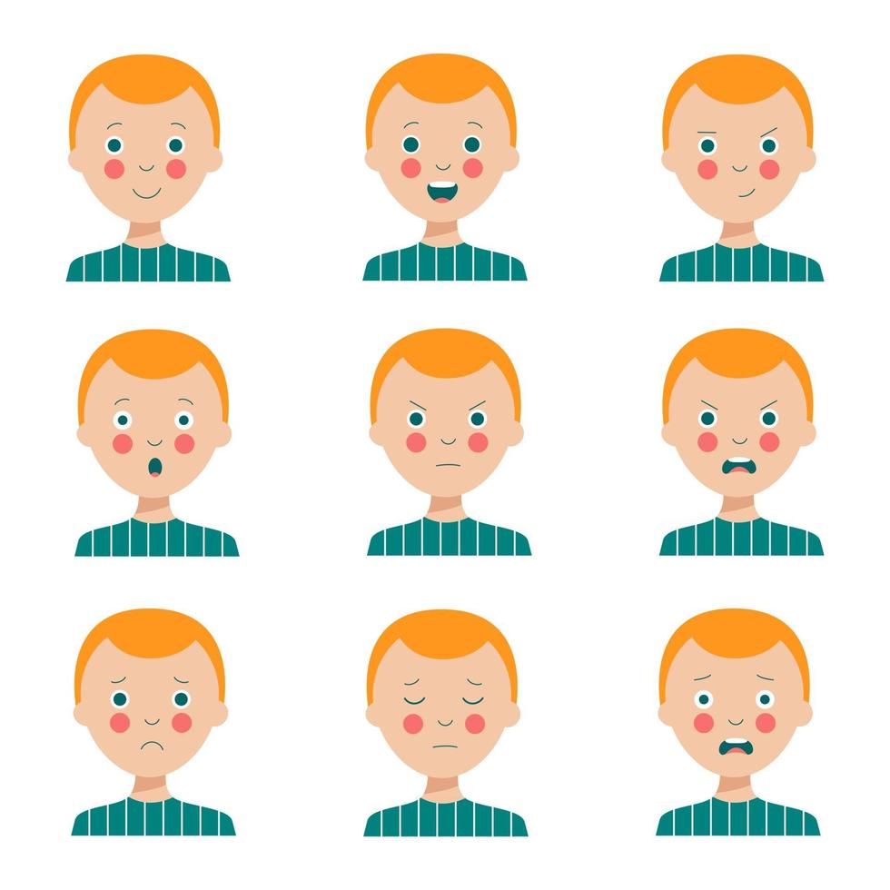 uppsättning av olika ansiktsuttryck av söt tecknad rödhårig pojke. vektor