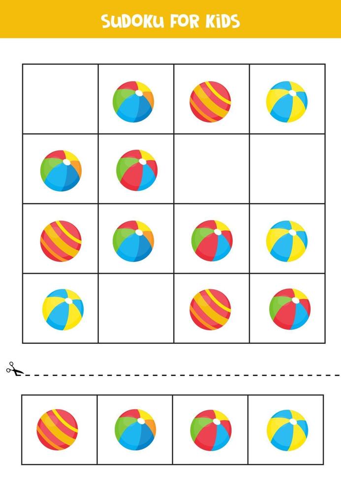 Sudoku mit niedlichen Cartoon-Spielzeugbällen. Spiel für Kinder. vektor