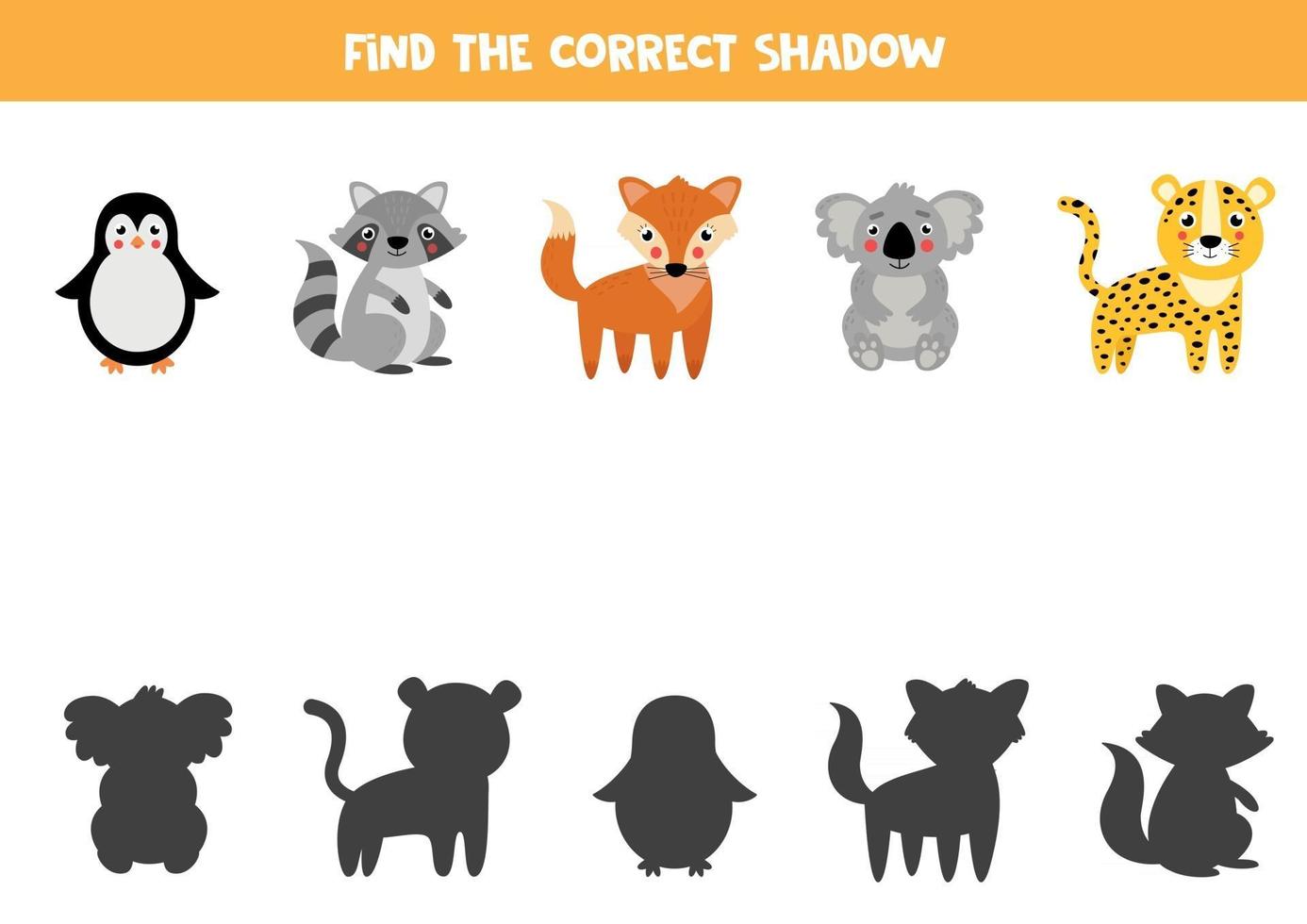 Finde den richtigen Schatten von niedlichen Cartoon-Tieren. vektor